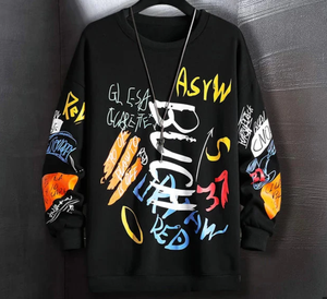 Sudadera de punto con cuello redondo para hombre, color naranja, con estampado de pintura azul goteando, estilo casual. - Product Image 4