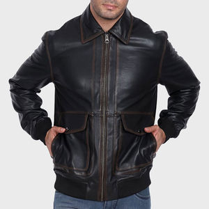 <b>Men</b> Vintage Style Genuine Leather <b>Jacket</b> Zipper Closure Casual Outdoor Regular Fit Soft Outerwear Stand Collar Front Logo - Product Image 1