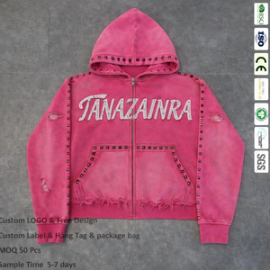 เสื้อฮู้ดซิปแบบครอปทรงบ็อกซี่ ปักลายเพชรสีชมพูฟอกสีซีดแบบย้อนยุค ประดับคริสตัลหรูหรา ผลิตตามสั่ง - Product Image 1