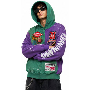 Sweat-shirt à capuche zippé pour homme BRANDNAME, vert et violet, patchwork, streetwear, surdimensionné, en coton tricoté, pour l'automne - Product Image 4