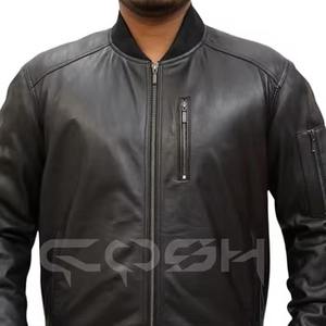 Wholesale Genuine Cowhide Leather Racer <b>Jacket</b> Supplier Padded Shoulder/Sleeve <b>Jacket</b> With Stand Collar & Zip Pockets - Product Image 5