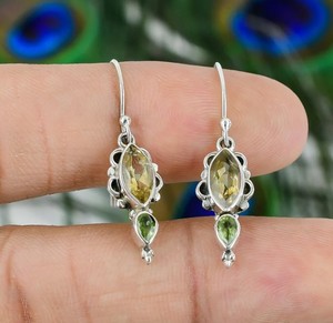 Handmade Two Stone Gemstone Dangle Drop <b>Earrings</b> 925 Sterling Silver Luxury Vintage Boho Hindu Jewelry Women - Product Image 5