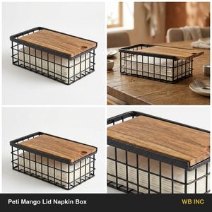 Porta Servilletas de Hierro Hecho a Mano de 22 cm con Tapa Deslizante de Madera Natural, Caja para Servilletas Peti Mango para Decoración del Hogar, Accesorio Decorativo para Mesa - Product Image 5