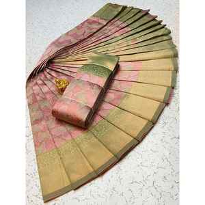 ATRACTIVA SEDA ZARI TEJIDO TRABAJO SAREE CON BLUSA DESCOSTADA BEBÉ ROSA - Product Image 1