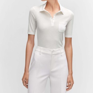 Polo de Punto Blanco de Manga Corta para Mujer, Color Sólido, Estilo Minimalista, Transpirable, 100% Algodón, Largo Regular - Product Image 1