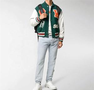 Veste universitaire en laine verte pour hommes avec motif de lettres Bomber de sport de baseball d'hiver à manches longues en cuir Style Letterman - Product Image 3