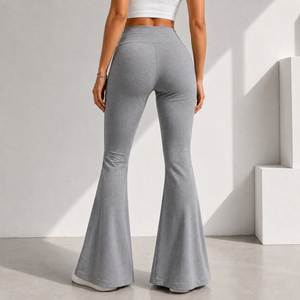 High Waist Flare <b>Pants</b> Women Gray Knitted Full Length Casual Solid Color Elastic Waist Breathable Regular Fit Spring Style - Product Image 1