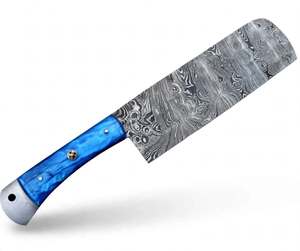 Utensilio de Cocina Artesanal de Acero de Damasco para Cortar, con Mango de Resina Azul y Diseño de Mosaico - Product Image 1