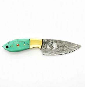 Couteau fixe de qualité supérieure en acier damas à pointe tombante, outil utilitaire d'extérieur, manche en résine composite menthe, bolster en laiton - Product Image 3