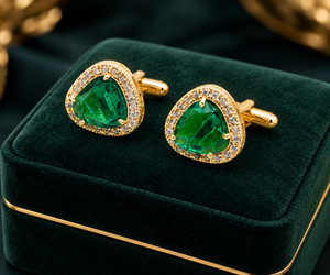 Boutons de manchette personnalisés en émeraude verte pour hommes, boutons de manchette en émeraude de laboratoire, bijoux plaqués or et argent, vente en gros - Product Image 2