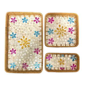 Exquisita Bandeja Rectangular de Ratán con Incrustaciones de Madreperla, Organizador de Cosméticos con Incrustaciones Florales, Venta al Por Mayor - Product Image 1