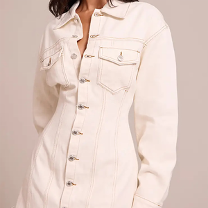 Vestido Camisero Vaquero Crema para Mujer, con Cuello Camisero, Manga Larga, Corte Ajustado y Evase, Estilo Casual de Primavera - Product Image 4