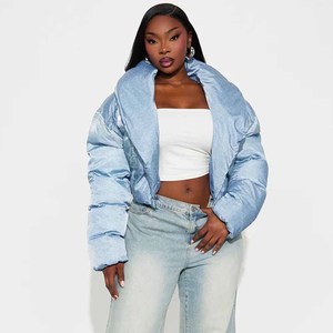 Veste matelassée en jean pour femme avec col, manches longues, fermeture éclair, vêtement d'extérieur d'hiver, veste matelassée bleu clair - Product Image 2