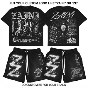 ZAINI ZI-301 280 GSM Premium Polyester French Terry Black Graphic T Shirt <b>Short</b> <b>Set</b> Custom Embossed Logo OEM Breathable Crew - Product Image 1