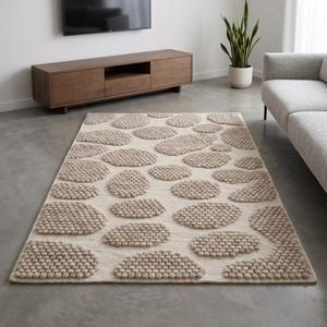 Tapis d'intérieur moderne en laine tissée à la main, couleur unie beige crème, texture galet, antidérapant, à poils moyens, avec envers en toile de coton - Product Image 3