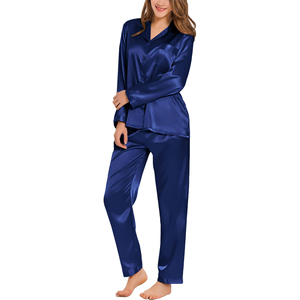 Full Sleeve Satin Pajama Set Turn <b>Down</b> Collar Button Front Full Length <b>Pants</b> Relaxed Fit - Product Image 1