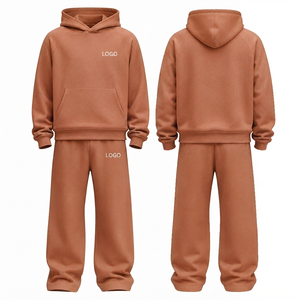 Conjunto deportivo con capucha marrón para hombre, chándal de color sólido, sudadera informal de algodón, chándal 100% algodón - Product Image 1