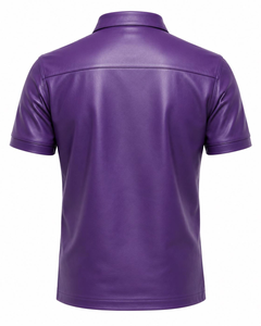 เสื้อเชิ้ตหนังสีม่วงแขนสั้นสำหรับผู้ชาย ระบายอากาศได้ดี สีพื้น ปกคอพับ สวมใส่สบายในฤดูหนาว - Product Image 3