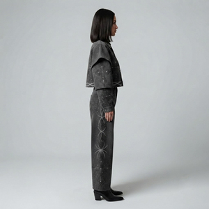 Ensemble veste et pantalon en jean noir avec croix en strass personnalisée, collection de vêtements streetwear tendance, design unisexe et confortable par SHY - Product Image 5