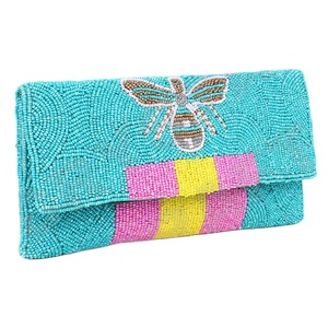 Pochette à perles faite à la main avec motif abeille, turquoise, rose, jaune, forme rectangulaire, sac de soirée - Product Image 1
