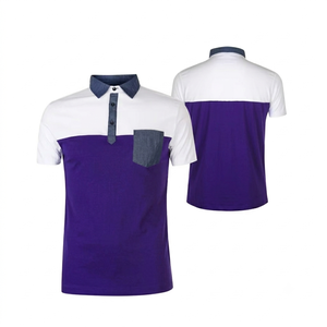 เสื้อโปโลสีม่วงรอยัลสำหรับผู้ชาย แบบสั่งทำพิเศษ ตัดสีตัดกัน แขนสั้น สวมใส่สบาย เหมาะสำหรับกอล์ฟ มีกระเป๋าแบบเดนิม ผ้าเนื้อนุ่ม ระบายอากาศได้ดี - Product Image 1
