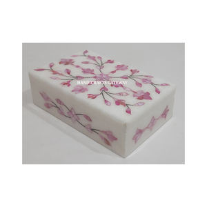 Caja de joyería con Incrustaciones de nácar azul mármol blanco natural forma rectangular diseño de incrustaciones florales hecho a mano embalaje de collar usado - Product Image 4