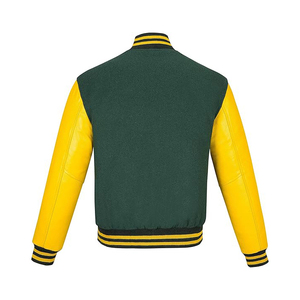 Veste universitaire verte et jaune avec manches en cuir PU, col rabattu, coupe décontractée, fermeture boutonnée, idéale pour l'automne - Product Image 3