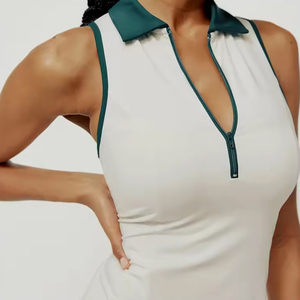 Robe de tennis sans manches pour femme, blanche avec col vert, fermeture éclair, ajustée, en polyester respirant, vêtements de sport d'été - Product Image 5