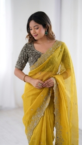 AARA Fashion Sari en soie jaune brodé avec chemisier vert olive, tenue de mariage indienne traditionnelle pour femme, longueur au sol, coupe classique, Sun - Product Image 4