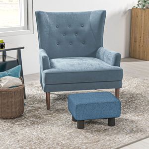 "Living Room Blue Linen Cube Ottoman <b>Footrest</b> with Durable Velvet Fabric" - Product Image 2