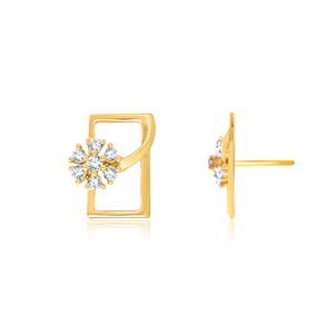 Boucles d'oreilles géométriques carrées en or 18 carats avec fleur et diamant de laboratoire rond, bijoux élégants pour femme, cadeau d'anniversaire de mariage - Product Image 3