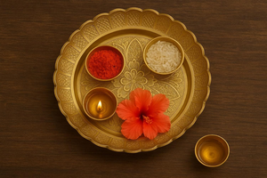 Assiette décorative dorée pour Pooja avec motif floral gravé, idéale pour les festivals de culte hindou, les cérémonies religieuses et la maison - Product Image 4
