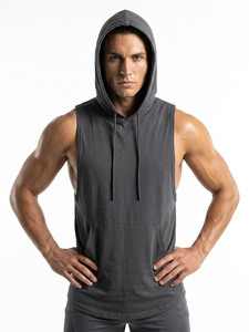 เสื้อกล้ามผู้ชายแขนกุดมีฮู้ดถักสีทึบลำลองทรงเข้ารูปสีดำ - Product Image 2