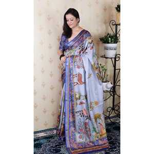 Sari traditionnel chinois en soie Tussar bleue, tissé avec des fils Zari, Pattachitra - Product Image 3