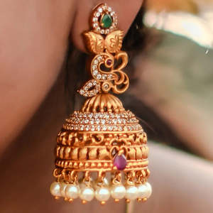 Elegant Antique Imitation Pearl Gold Plated Brass Chandelier Jhumki Earrings-Ethnic Hindu Religious Charm Studs - Product Image 1