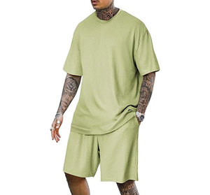 Mens solid color crew neck Casual <b>knitted</b> summer outfit Pink 100% cotton t-shirt Shorts <b>set</b> for men's gym - Product Image 6
