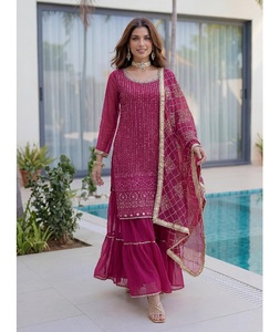 ชุดชาราร่าแบบอินเดียดั้งเดิม ผ้าจอร์เจตต์เนื้อนุ่ม ตกแต่งด้วยงานปักเลื่อมและดิ้นทอง เหมาะสำหรับงานแต่งงาน สำหรับผู้หญิง สวมใส่ในโอกาสพิเศษ - Product Image 1