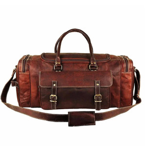 Genuine Leather Bag Men's Casual Travel Weekender <b>Adjustable</b> <b>Strap</b> Zipper Hasp Closure 30-40L Capacity Durable Shoulder Bag - Product Image 1