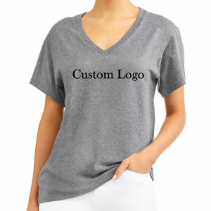 Camisetas al por Mayor con Logotipo Personalizado para Mujer, Camisetas de Cuello en V en Negro y Gris, de Algodón y Poliéster, con Estampados 3D de Verano - Product Image 1