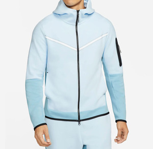 Men's Light Blue Color Blocking Full <b>Zip</b> <b>Hooded</b> Tracksuit Set Breathable Sporty Design Regular Fit Polyester Cotton Spring Wear - Product Image 3