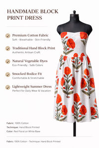 Robe midi bohème sans manches en coton 100% respirant, imprimée à la main, avec corsage smocké, motif floral, coupe trapèze, tissée, pour l'été et la plage - Product Image 1