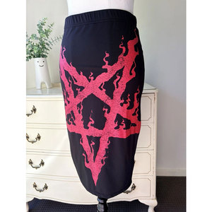Gothic Women's Black Pencil Skirt Red Flaming Pentagram Graphic Print High <b>Elasticity</b> Midi Skirt Punk Rock Streetwear - Product Image 3
