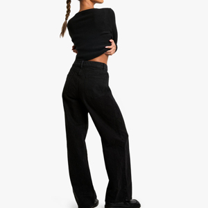 Pantalon cargo taille haute pour femme, 100 % polyester, tissu tricoté, noir uni, coupe droite, longueur intégrale, style sportif estival, avec cordon de serrage - Product Image 2