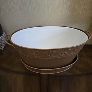 Rustic Copper & White Embossed Leaf Oval Beverage Tub With Matching Tray Enamel Interior Party Supply Wedding & Party Tableware - Product Image 3