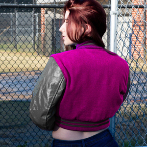Womens Varsity Crop <b>Jacket</b> Purple <b>Silver</b> Letterman Style Bomber Coat Faux Leather Sleeves Casual Outerwear Ladies Fashion - Product Image 5