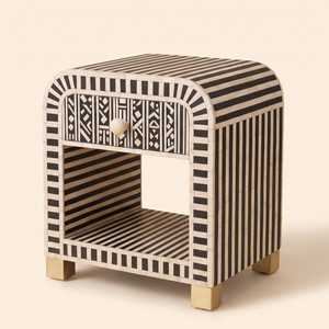 Table de chevet artisanale en os incrusté, motif floral, style bohème, luxe moderne, écologique, 1 tiroir, meuble de chambre à coucher - Product Image 3