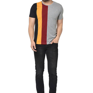 T-shirt pour homme en coton premium gris chiné à blocs verticaux |   T-shirt col rond bordeaux à panneaux dorés |   Entraînement rapide au gymnase Urban Athletic - Product Image 3