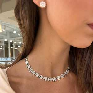 10k 14k 18k Gold Smiley Face Necklace Statement Collar F VS Round Cut Lab Grown Diamond Pave Curved <b>Choker</b> Jewelry For Women - Product Image 2