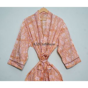 Magnifique Kimono en Coton Imprimé à la Main, Motif Floral Indien, avec Fermeture à Cordon, Respirant pour Toutes les Saisons - Product Image 3