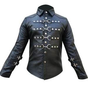 Camisa gótica de cuero negro para hombre con hebilla, corte ajustado, cuello vuelto, manga regular, chaqueta de moda para fiesta. - Product Image 2